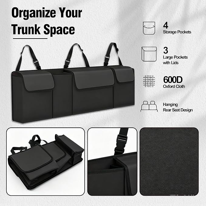 Car Trunk Organizer, Waterproof Backseat Hanging Large Storage with Adjustable Straps, Collapsible Cargo Bag with 4 Pockets, Sturdy Space Saver Frees Trunk Floor for SUV, Truck, MPV (Black)
