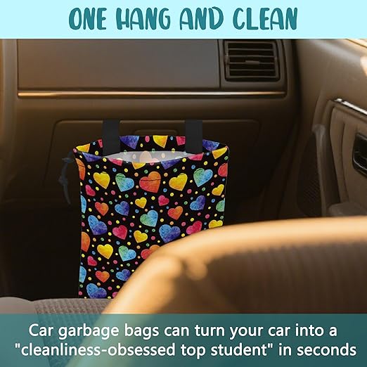 Car Trash Bag Watercolor Colorful Hearts Leak-Proof Waterproof Car Garbage Bag with Drawstring Foldable Canvas Trash Bin with Adjustable Buckle for Car Accessories, Travelling, Camping