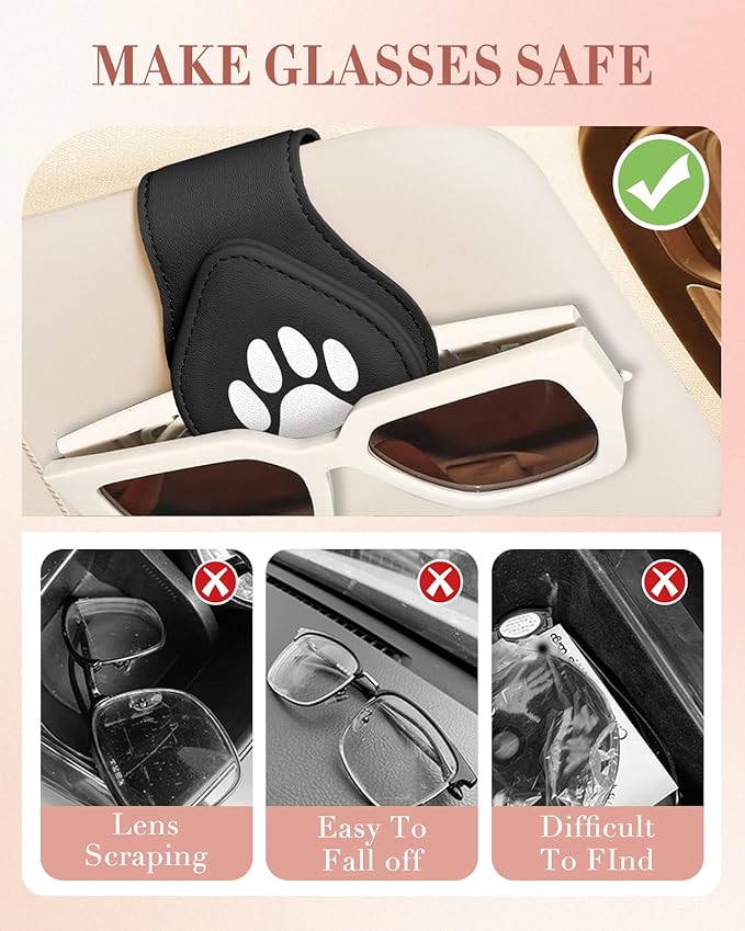 Jupswan Sunglass Holder for Car Visor Sunglasses Clip Magnetic Eyeglass Glasses Holder Cute Paw Leather Auto Visor Accessories Accessory Gifts for Women Men(Black)