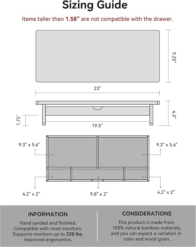Bamboo Monitor Stand with Large Storage Drawer,23 Inch Ergonomic Computer Riser for Desk, Holds Up to 220lbs, Screen Shelf with 5 Compartments for Keyboard & Stationery Organization