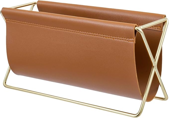 MyGift 10 Inch Mid Century Caramel Leatherette Mail Sorter Letter Holder Rack with Brass Tone Metal Frame, Faux Leather Sling Style Office Desk Card Envelope Organizer Stand