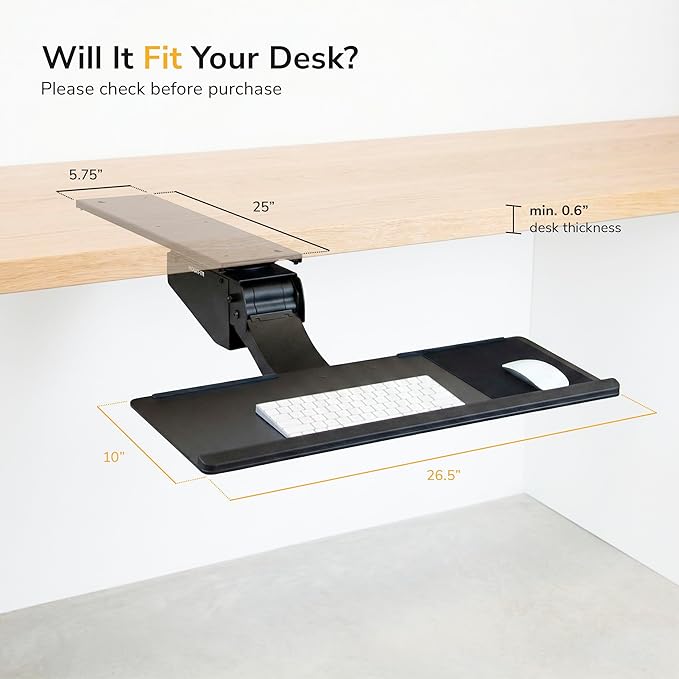 Mount-It! Under Desk Keyboard Tray, Adjustable Slide-Out Keyboard & Mouse Platform, 26.5" W × 10" D, Ergonomic Wrist Rest, Height Tilt & Swivel, Heavy-Duty Bolt-On Keyboard Drawer