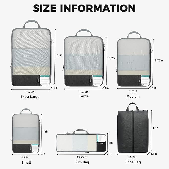 BAGAIL 6 Set Lightweight Compression Packing Cubes with Packing List, Anti-Tearing Expandable Organizer Bags for Travel, Black