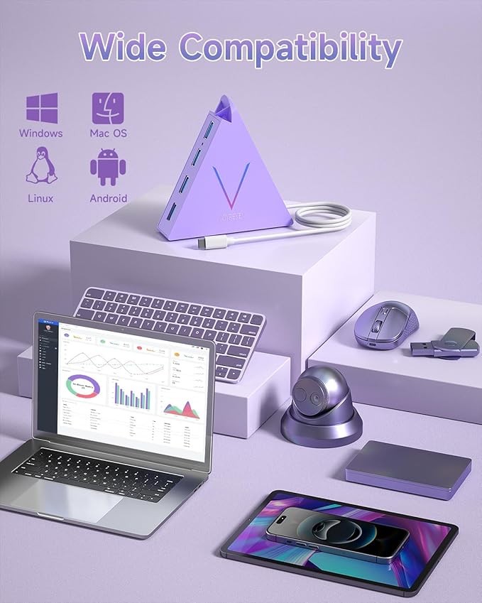 USB C Hub, USB Type C to 4-Port USB 3.0 Adapter for MacBook, Surface, Laptop, Flash Drive, Mouse, Keyboard, HDD (2ft, Light Purple)
