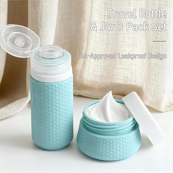 Travel Bottles for Toiletries 2oz 60ml 2 Pack + Cosmetic Jar 40ml 1.35oz Luxury Leather Pattern, Anti-slip Silicone Premium Refillable Bottle Set with Facial Brush for Gym Men Women, Blue