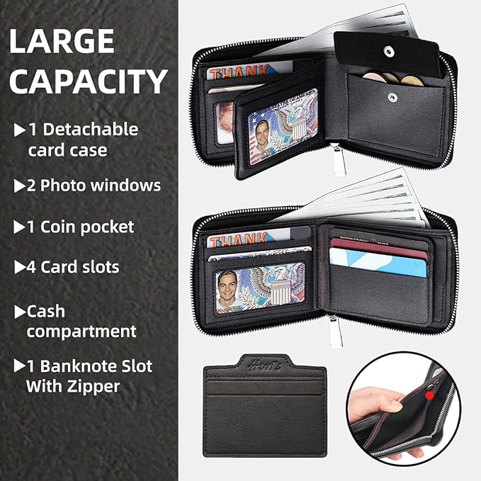 Eagles PU Leather Mens Compact Bifold Wallet, Vintage Zipper Wallet Closure with Detachable Card Case, 2 ID Windows & Snap Coin Pocket for Daily Travel Use