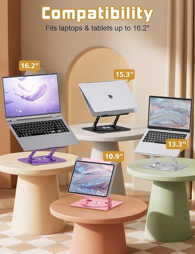 Adjustable Laptop Stand for Desk-360° Rotating Foldable Laptop Holder Ergonomic Laptop Riser for MacBook Pro/Air Dell HP Lenovo Notebook up to 16.3",Silver