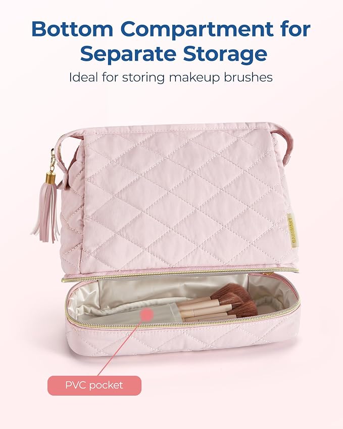 BAGSMART Makeup Bag Travel Cosmetic Bag,Puffy Make Up Bags for Women Double Layer Makeup Organizer Case,Wide-open Pouch Purse Storage Travel Essentials Toiletries Accessories Brushes,Pink