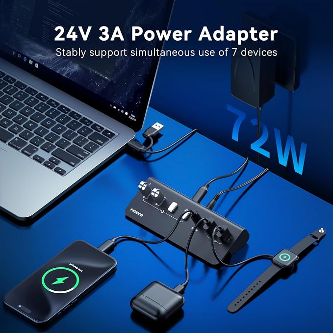 FIDECO 7-Port 72W Powered USB Hub, USB C Hub with 1 PD 45W, 2 QC 3.0 Charging Ports, and 4 USB 3.2 Ports (2 USB-A + 2 USB-C), Aluminum 10Gbps USB Hub for Laptop, PC, MacBook, iPhone 17/16/15, Black