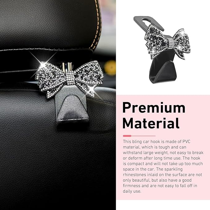 2 PCS Car Headrest Hooks, Cute Bowknot Auto Seat Back Hangers for Purses Bags Coats, Bling Rhinestone Interior Storage Organizer Hooks, Universal for Cars SUVs Trucks (Black)