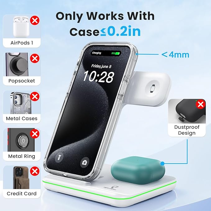 WAITIEE Foldable Wireless Charger for iPhone 17 16 15 14 13 12 11 X 8, 3 in 1 Charging Station for Apple Watch & for AirPods(White)