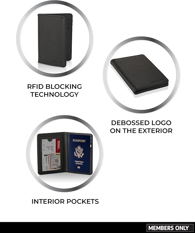 Members Only Debossed Black Passport Holder RFID Blocking, Passport Cover for Men, Travel Must Haves (Black)