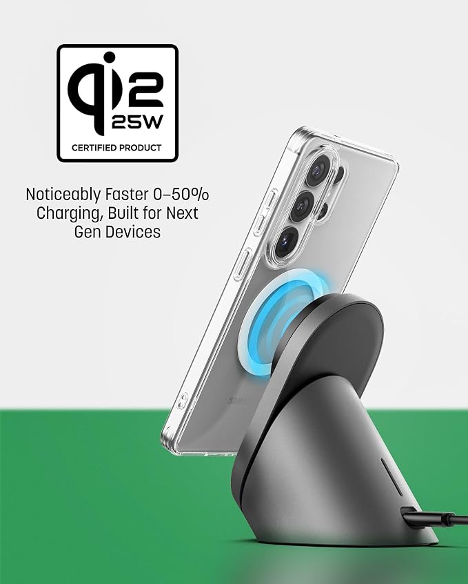 Qi2.2 Certified Magnetic Charging Stand for Samsung [25W] Compatible with MagSafe, Super-Fast Wireless Desktop Phone Charger for S26 Ultra S25 Plus Adapter Included [Active-Cooling Technology]
