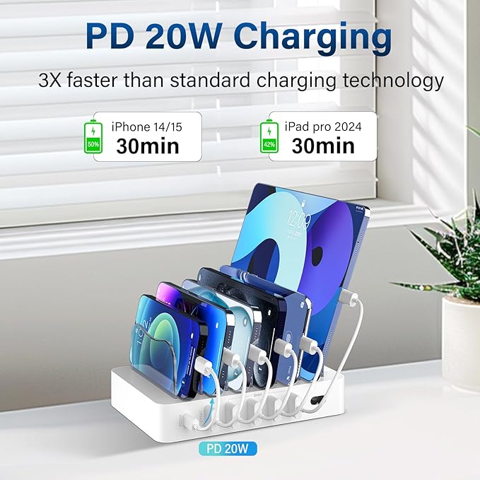 Charging Station for Multiple Devices,68W 6 Port 20W Fast Phone Charger Dock with 6 Cables, Compatible with Apple Cellphone iPad iPhone Tablet and Other Electronic(White)