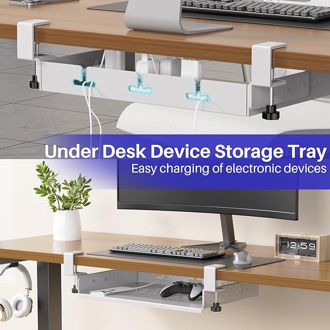 BYMECOST No Drill Under Desk Storage Shelf, Metal Under Desk Drawer Organizer with Clamp, Mount Under Desk Shelf Adds Tray, Desk Drawer for Office Desks, Table, Gaming Desk, Workstations (White)