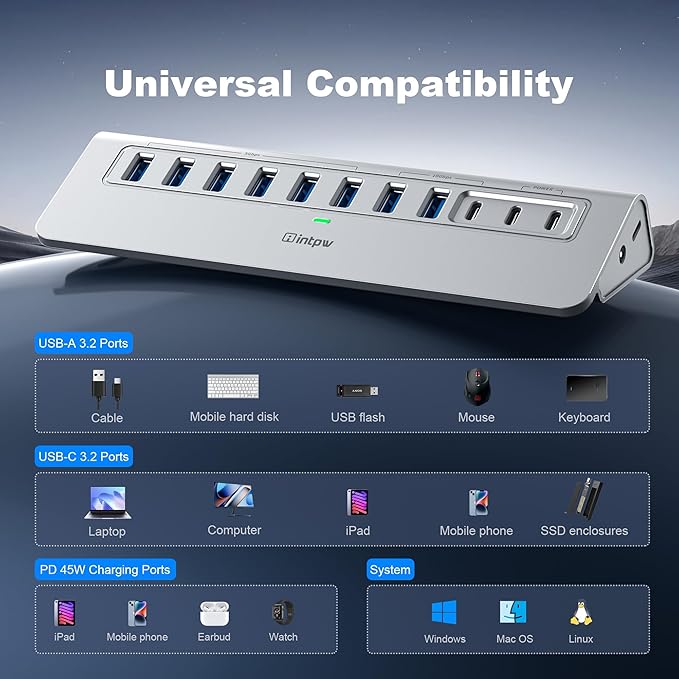 Powered USB Hub 10Gbps, intpw YH9AC Plus 13 Port USB 3.2 Hub(USB A/USB C 3.2+6 USB-A 3.0+2 PD 45W Fast Charging Ports+SD/TF Card Reader), 65W Power Adapter,Aluminum USB HUB for PC,Laptop,iPhone 17/16