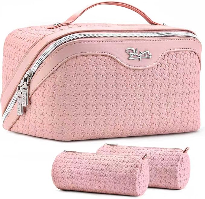 BOYATU Travel Makeup Bag Cosmetic Bags for Women: Large Capacity 3 Pcs Set Make up Bag with Compartments - Waterproof Vegan Leather Toiletry Organizer Bags with Handle (L39 Pink)