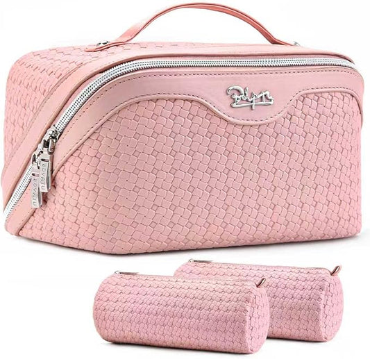 BOYATU Travel Makeup Bag Cosmetic Bags for Women: Large Capacity 3 Pcs Set Make up Bag with Compartments - Waterproof Vegan Leather Toiletry Organizer Bags with Handle (L39 Pink)