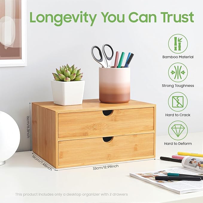 Bamboo Desk Organizer 2 Drawers Tabletop Storage Organization Box, No Assembly Needed for Home Office Storage, 12.99 * 7.48 * 6.3in (1 above & 1 below)