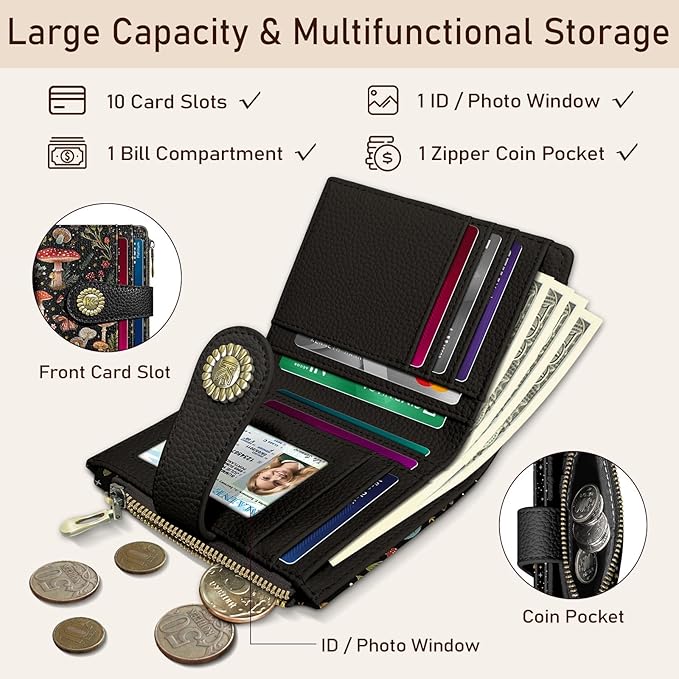 Kelvoris Mushroom Moon Night Small Rfid Women Wallet Bifold Zipper Coin Pocket PU Leather Compact Cash Credit Card Holder Travel Wallet for Female Ladies Teen Girls 1 ID Window 10 Card Slots