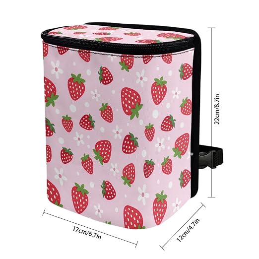Pink Strawberry Car Trash Can with Lid - Collapsible Waterproof Garage Bag, Reusable Hanging Cute Automotive Garbage Bin, Adjustable Strap, Interior Organizer