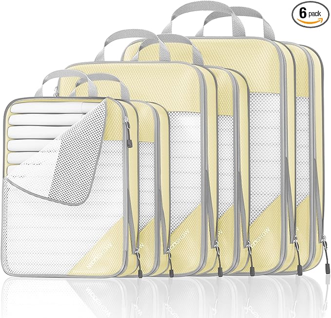 Compression Packing Cubes 6 Set, Compressible Space-Saving Packing Cubes for Travel - Compression Bags, Luggage Organizer, Travel Essentials for Women, Light Yellow