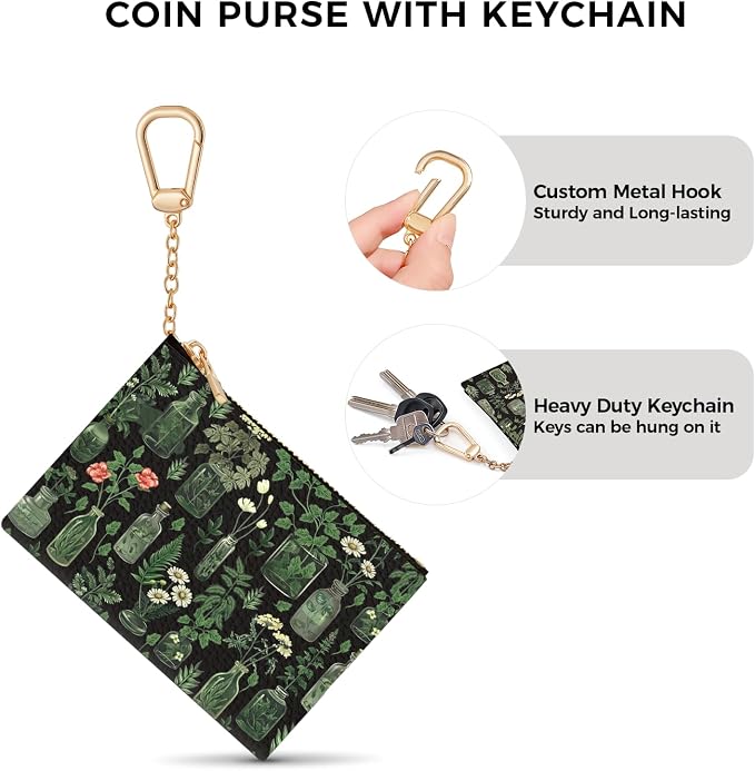 Vintage Plants Keychain Coin Purse for Women, Small PU Leather Change Pouch, Zipper Little Tiny Travel Wallet for Girls, Cute Kawaii Zip Pocket Coin Holder with Key Ring
