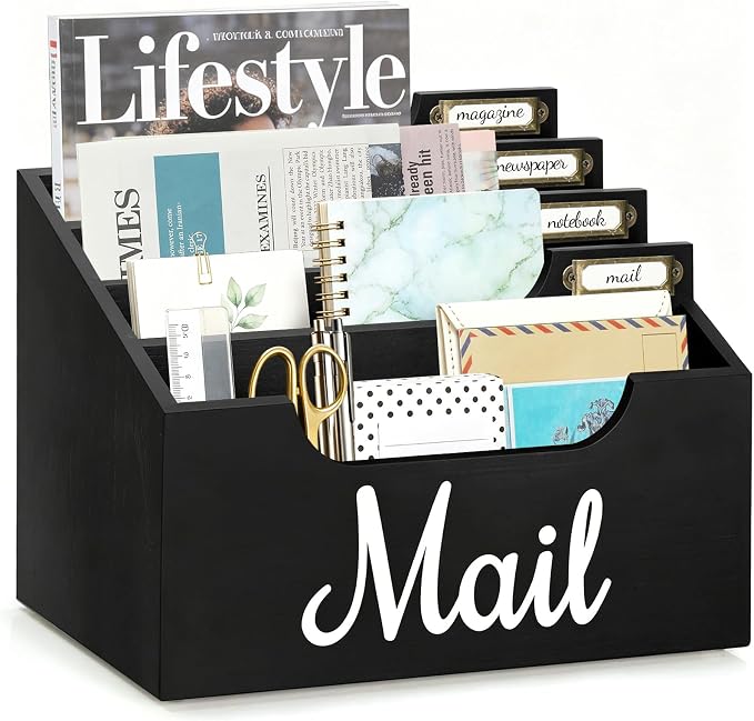 Rustic Wood Mail Organizer Countertop with 4 Slots, Black Mail Holder for Desk, Removable Dividers Mail Sorter, Letter Bill File Organizer for Home Office Classroom, Desktop Organizer with Free Labels