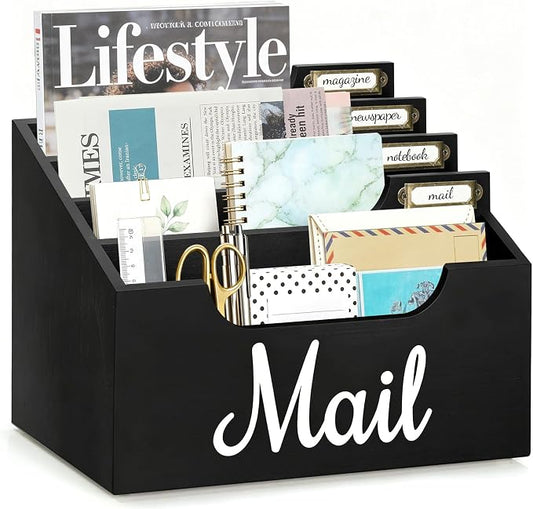 Rustic Wood Mail Organizer Countertop with 4 Slots, Black Mail Holder for Desk, Removable Dividers Mail Sorter, Letter Bill File Organizer for Home Office Classroom, Desktop Organizer with Free Labels