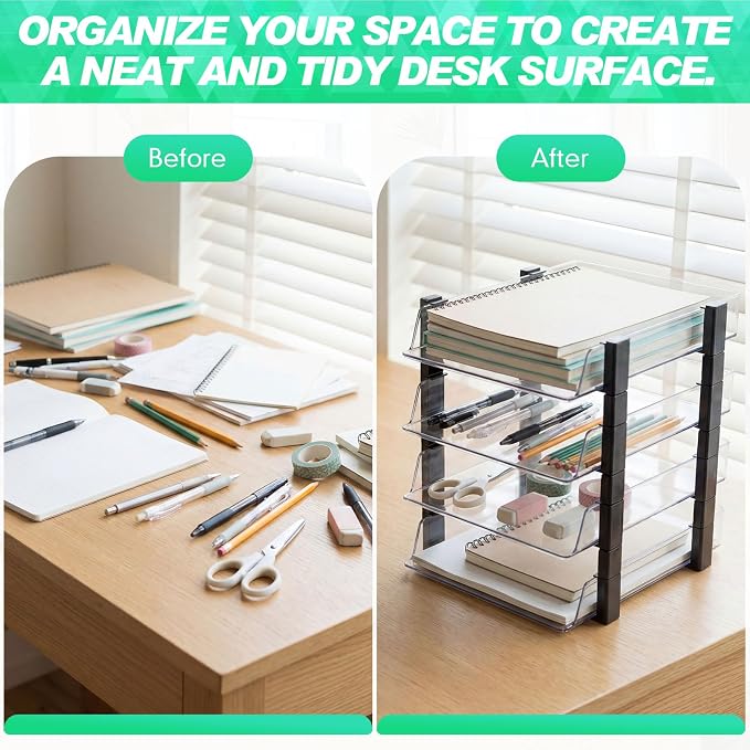 SiliFine 4 Tier Clear Stackable Desk Organizer 12.68 x 10.47 x 12.91 Inch Plastic Letter File Trays Rectangular Paper Storage Holder for Office Desktop Document Classroom Hospital(Black)