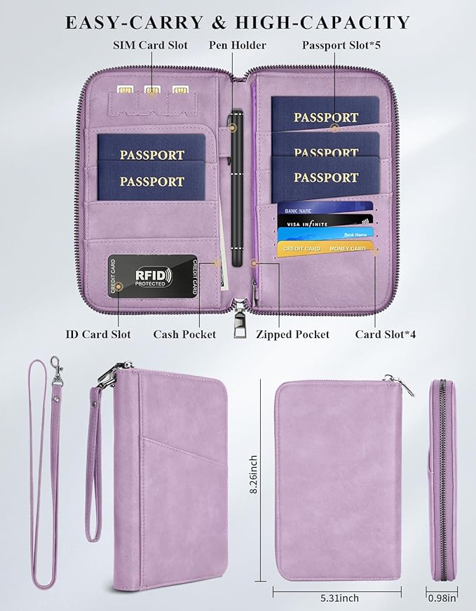 Family Passport Holder Wallet RFID Travel Document Organizer for Women Men, Portable Case Cover for Cards, Boarding Pass with Wrist & Neck Double Strap, Travel Christmas Gifts (Purple, 1pack)