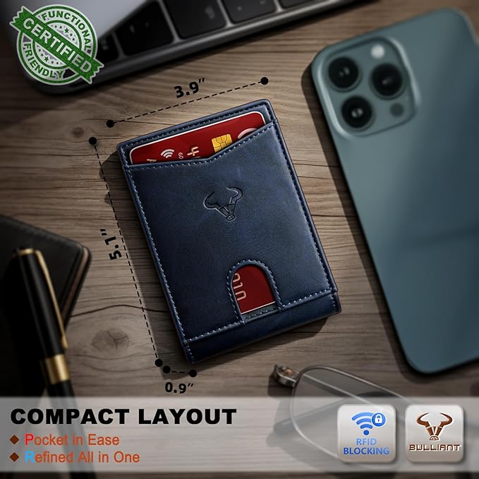 BULLIANT Men Wallet, Slim Leather Wallet Front Pocket Card Holder Gift For Men 11 Slots RFID Blocking