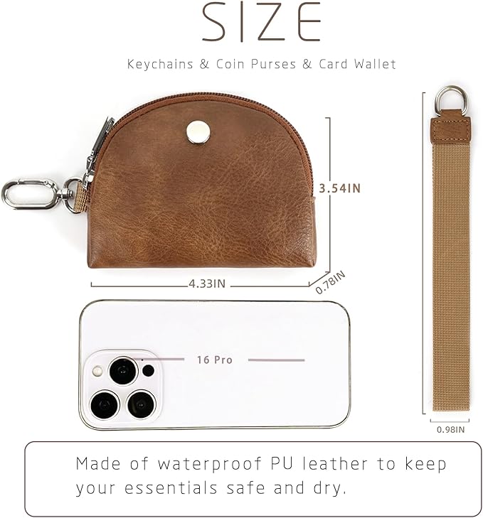 Checkered Dual Pouch Keychain Wallet for Women, Small Mini Zip Leather Coin Purse with Wrist Strap,wristlet hangbags,Brown