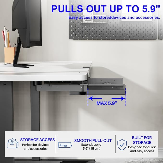 Sliding No Drill Under Desk Laptop Mount, Metal Under Desk Storage Shelf with Cable Management, Slide Out Laptop Storage Tray for MacBook, Mac Mini, Fits Office Workstations(Black with slid rail)
