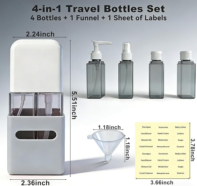 4-in-1 Square Refillable Cosmetic Container Kit, Leak Proof Portable Travel Toiletry Bottles, TSA Approved Travel bottles, Empty Jars for Cosmetics Lotion Shampoo (Light Grey)