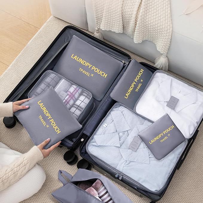 8 Set Packing Cubes for Travel Luggage Packing Bags Reusable Waterproof Suitcase Organizer Cubes Set with Shoe Bag and Toiletry Bag (Grey)