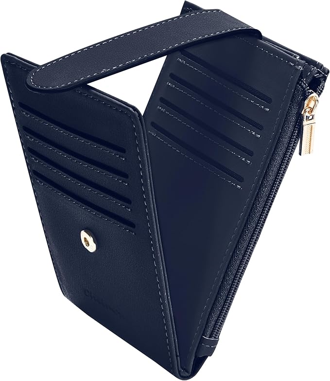 Chelmon Womens Wallet Slim RFID Blocking Bifold Multi Card Case Wallet with Zipper Pocket (Navy Blue)