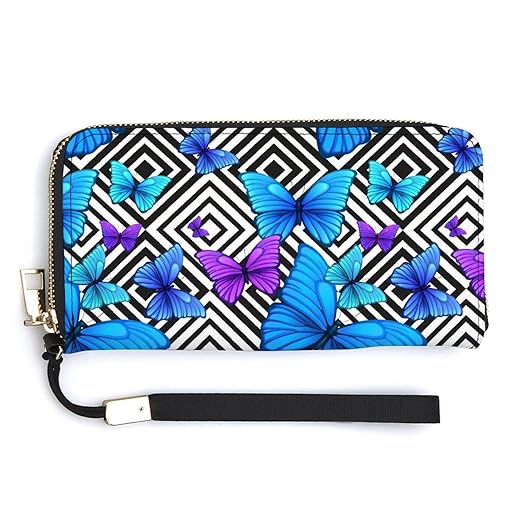 Unisex Zip Around Wallet for Adults Teens Blue Butterfly On Black Geometric Pattern Coin Pouch Cash Pocket PU Leather Wallets Card Holder Organizer Designer Purse with Wristlet Strap