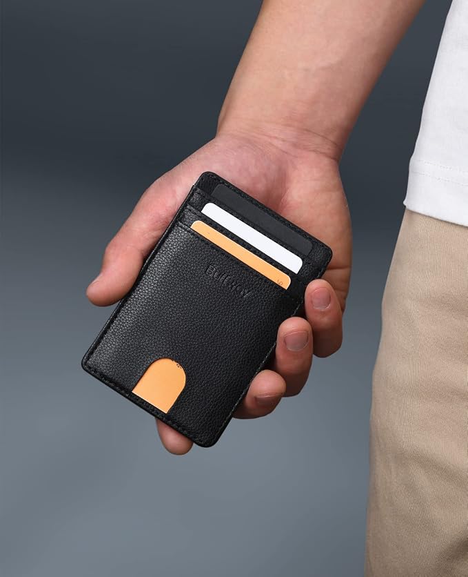 Buffway Mens Slim Wallet, Minimalist Thin Front Pocket Leather Credit Card Holder with RFID Blocking for Work Travel | Minimalist