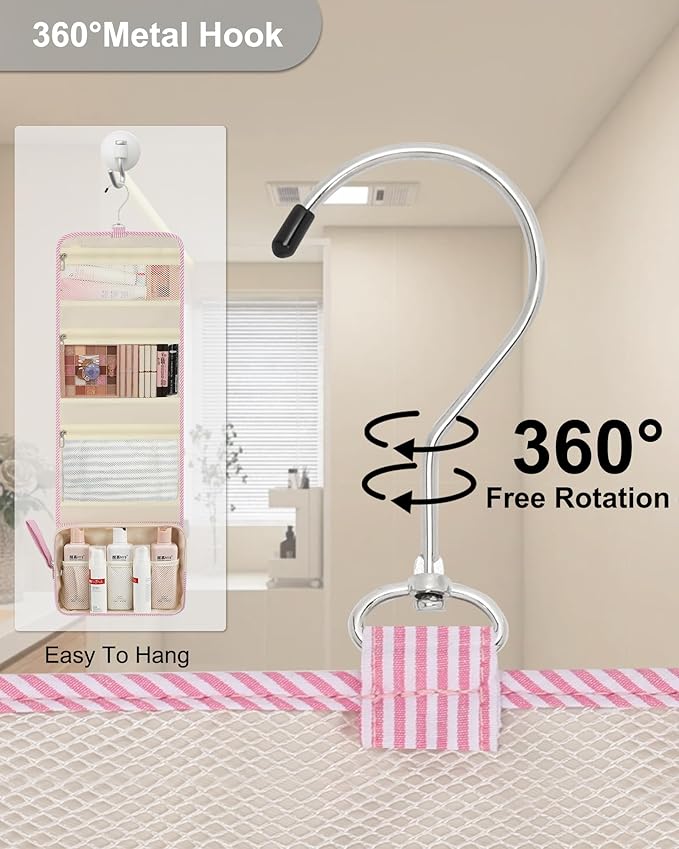 Relavel Hanging Toiletry Bag for Women, Large Makeup Travel Bag with Separate Compartment, Water Resistant Toiletries Bag for Travel Accessories, Portable Bathroom Bag for Trip Camping- Pink Strip