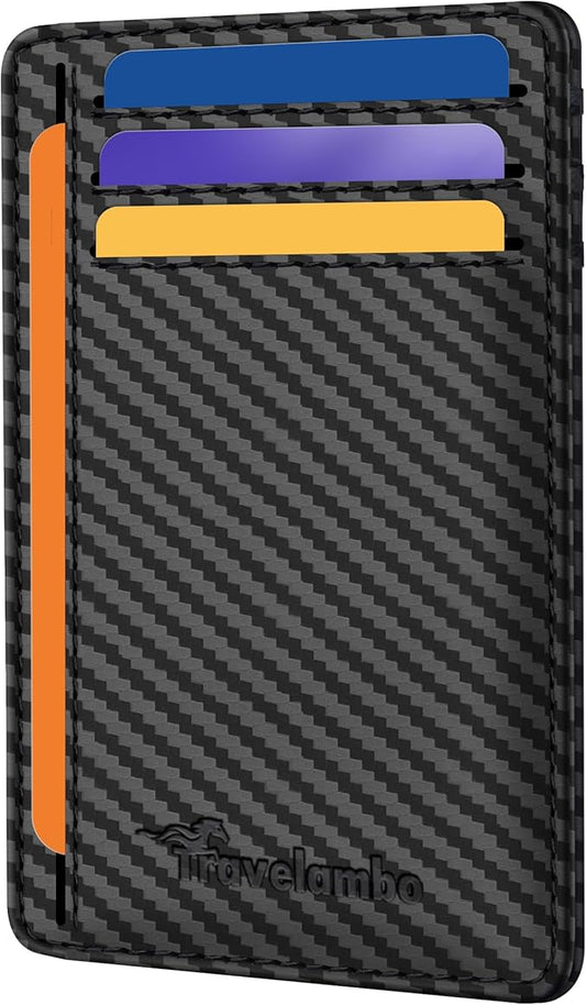 Travelambo Front Pocket Minimalist Leather Slim Wallet RFID Blocking Carbon Fiber Texture