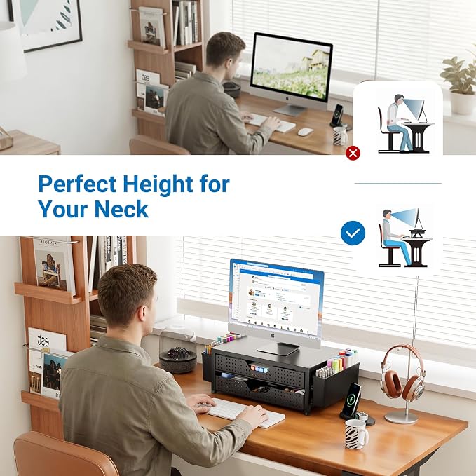 OPNICE Computer Monitor Stand Riser with 2 Drawers & 2 Pen Holders, Desk Organizer for Office Supplies, Laptop Stand for Desk, Workspace Desk Organizers and Accessories for Home Office, Black