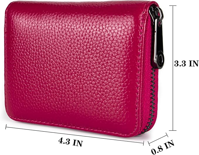Suweibuke Genuine Leather Credit Card Holder Zipper Wallet RFID Blocking Secure Card Case ID Case Organizer (Rose Red)