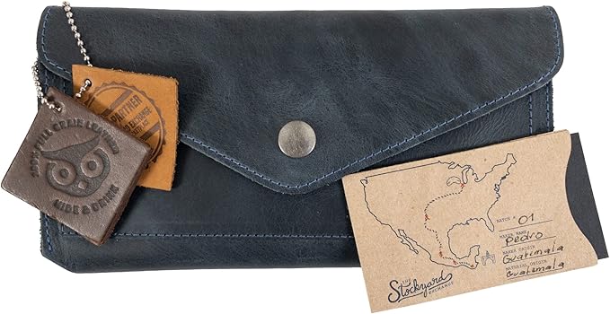 Hide & Drink, Full Grain Leather Large Female Wallet, Travel Organizer for Women, Vintage Money and Card Holder, Handmade, Slate Blue