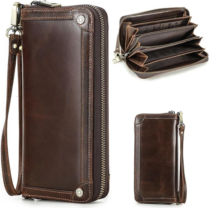 Top Grain Genuine Oiled Leather Clutch Wallet for Man & Woman, Handmade Vintage Design, Multi Pockets & Slots & Detachable Wristlets, RFID Large Capacity for Cards/Checks/Money/Passport, Red Coffee