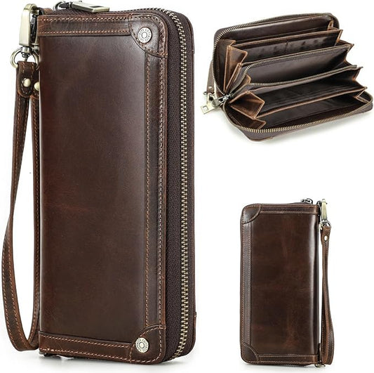 Top Grain Genuine Oiled Leather Clutch Wallet for Man & Woman, Handmade Vintage Design, Multi Pockets & Slots & Detachable Wristlets, RFID Large Capacity for Cards/Checks/Money/Passport, Red Coffee