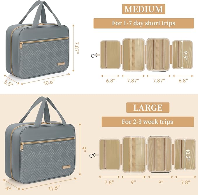 Travel Toiletry Bag for Women & Men Water Resistant Makeup Bag with Hanging Hook Portable Travel Organizer for Travel Accessories, Travel-Sized Shampoo, Toiletries (Large-Grey)