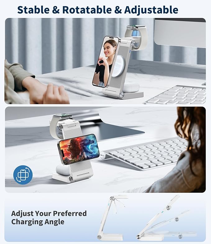 3-in-1 Magnetic Wireless Charging Station, Fast Max Charging for Smartphone, Watch & TWS, Space-Saving Multi-Device Charger Stand (White)