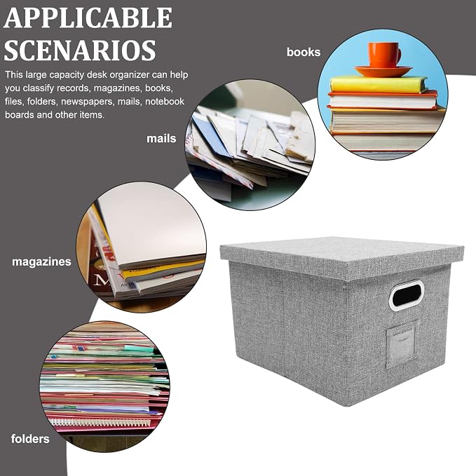Portable File Organizer with Lid Gray Desktop Document Storage Container for Office and Home Stackable File Storage Container