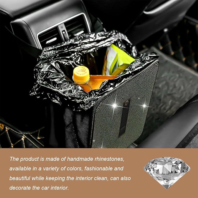 Car Trash Can, Bling Rhinestone Crystal Waterproof Hanging Garbage Bag for Car Interior, Oxford Leakproof Foldable Waste Organizer Trash Bin Universal for Most Vehicles (AB)